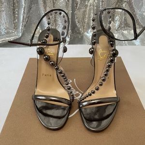 Christian Louboutin Corinetta 100 Gunmetal Patent Straps Sandal Heel Pump 38